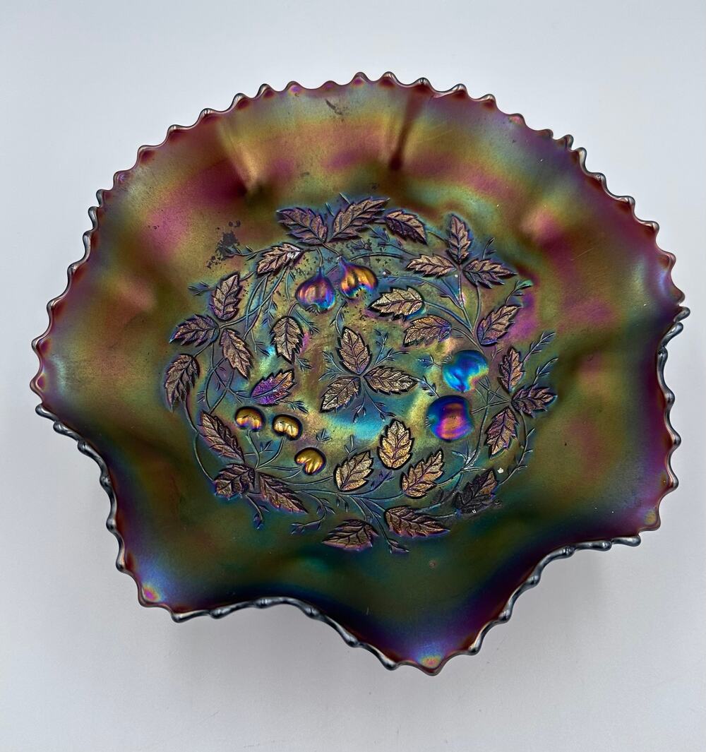 Carnival Glass Northwood Three Fruits Medallion Amethyst Footed Bowl